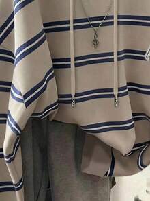 SHEIN EZwear 大码女式条纹连帽卫衣，适合秋冬季穿着 - 彩色 - 查看 5