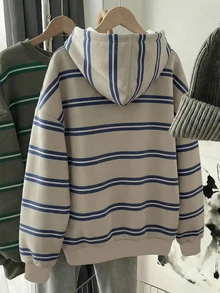 SHEIN EZwear 大码女式条纹连帽卫衣，适合秋冬季穿着 - 彩色 - 查看 2