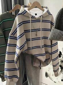 SHEIN EZwear 大码女式条纹连帽卫衣，适合秋冬季穿着 - 彩色 - 查看 1