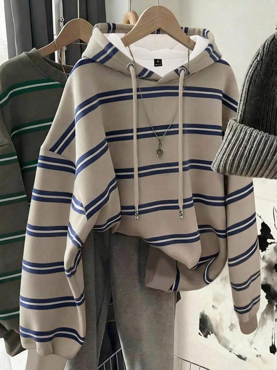 SHEIN EZwear 大码女式条纹连帽卫衣,适合秋冬季穿着 - 彩色 - 查看 1