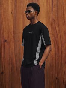 Manfinity Joysei Camiseta de hombre de cuello redondo y manga corta con estampado de bloques de color, adecuada para primavera y verano - Negro - Ver 6