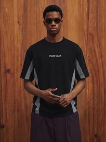 Manfinity Joysei Camiseta de hombre de cuello redondo y manga corta con estampado de bloques de color, adecuada para primavera y verano - Negro - Ver 1
