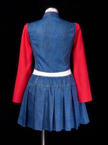 Sunspun Conjunto de botones de rana estilo cheongsam vintage nuevo chino para mujeres, top corto de manga larga ajustado de patchwork de denim lavado desgastado rojo brillante, conjunto de botones de rana estilo cheongsam, top corto de manga larga de patchwork de denim rojo, falda plisada de patchwork de denim - Multicolor - Ver 2