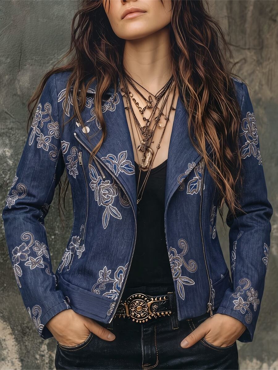 SHEIN 女款新款極簡休閒日常牛仔花卉長袖夾克 秋冬夜生活藍色 - 藍色 - 查看 1