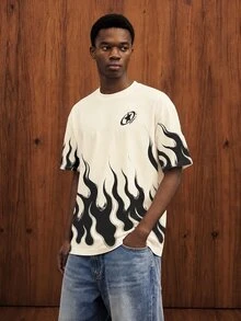 OldRiff American Style Flame Print Loose Short Sleeve T-Shirt,White Summer Graphic Street Wear City Break,Unleash Unrestrained Attitude Personalized Holiday - White - View 3