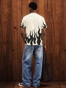 OldRiff American Style Flame Print Loose Short Sleeve T-Shirt,White Summer Graphic Street Wear City Break,Unleash Unrestrained Attitude Personalized Holiday - White - View 2