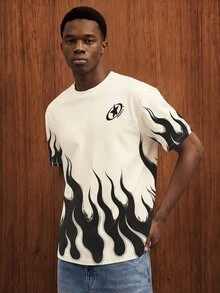OldRiff American Style Flame Print Loose Short Sleeve T-Shirt,White Summer Graphic Street Wear City Break,Unleash Unrestrained Attitude Personalized Holiday - White - View 4