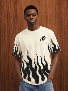 OldRiff American Style Flame Print Loose Short Sleeve T-Shirt,White Summer Graphic Street Wear City Break,Unleash Unrestrained Attitude Personalized Holiday - White - View 1