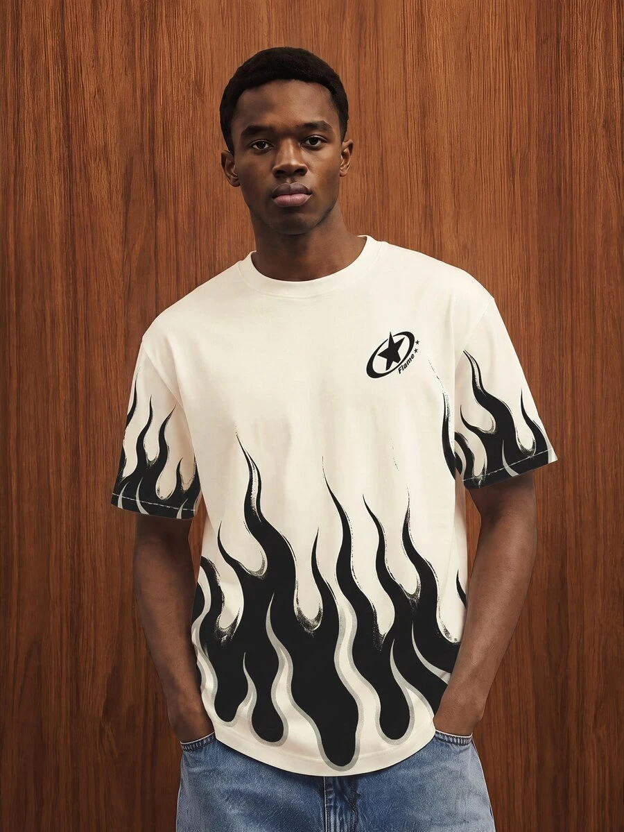 OldRiff American Style Flame Print Loose Short Sleeve T-Shirt,White Summer Graphic Street Wear City Break,Unleash Unrestrained Attitude Personalized Holiday - White - View 1