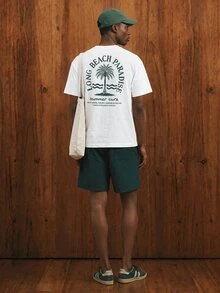 Manfinity Joysei Men's Casual Vacation Coconut Tree Print Fitted White Knit Top And Green Woven Shorts Set, 2pcs Outfit, Suitable For Summer Outing - Multicolor - View 5
