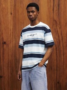Manfinity Joysei Men's Casual Blue And White Striped T-Shirt, Suitable For Summer Outings, School, Simple And Versatile - Blue - View 5