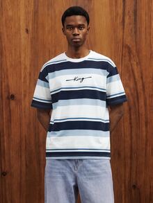 Manfinity Joysei Men's Casual Blue And White Striped T-Shirt, Suitable For Summer Outings, School, Simple And Versatile - Blue - View 6