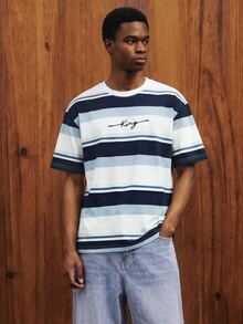 Manfinity Joysei Men's Casual Blue And White Striped T-Shirt, Suitable For Summer Outings, School, Simple And Versatile - Blue - View 1