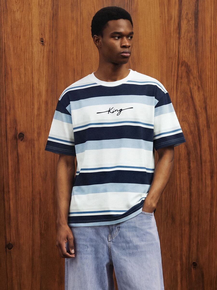 Manfinity Joysei Men's Casual Blue And White Striped T-Shirt, Suitable For Summer Outings, School, Simple And Versatile - Blue - View 1