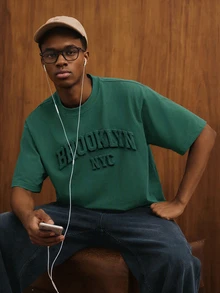 Manfinity Joysei Olive Green Letter Embossed Short Sleeve T-Shirt For Men - Dark Green - View 3