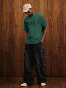Manfinity Joysei Olive Green Letter Embossed Short Sleeve T-Shirt For Men - Dark Green - View 2