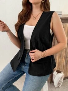 EMERY ROSE Plus Size Women's Elegant Button Vest Jacket For Spring And Autumn - Black - View 4