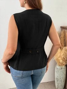 EMERY ROSE Plus Size Women's Elegant Button Vest Jacket For Spring And Autumn - Black - View 2