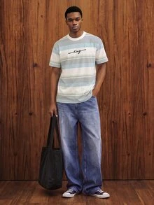 Manfinity Joysei Men's Casual Colorblock Striped Letter Print T-Shirt, Summer - Baby Blue - View 5