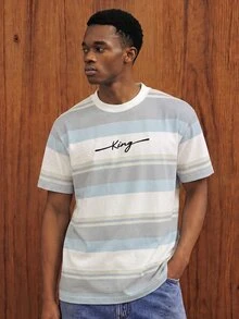 Manfinity Joysei Men's Casual Colorblock Striped Letter Print T-Shirt, Summer - Baby Blue - View 3