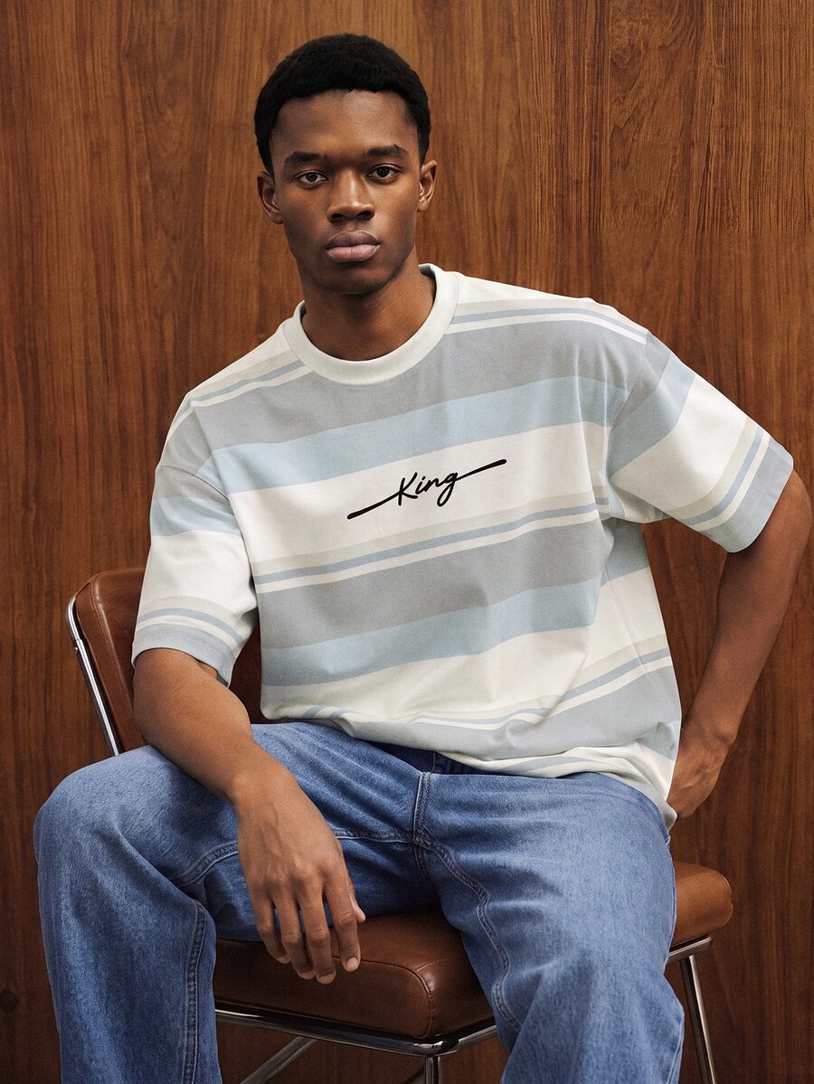Manfinity Joysei Men's Casual Colorblock Striped Letter Print T-Shirt, Summer - Baby Blue - View 1