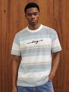 Manfinity Joysei Men's Casual Colorblock Striped Letter Print T-Shirt, Summer - Baby Blue - View 4