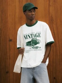 Manfinity Joysei Standard Size Men's Green Sleeve Contrast Slogan & Car Graphic Round Neck Casual T-Shirt - White - View 5