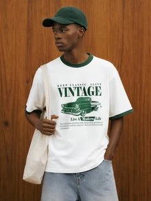 Manfinity Joysei Standard Size Men's Green Sleeve Contrast Slogan & Car Graphic Round Neck Casual T-Shirt - White - View 3