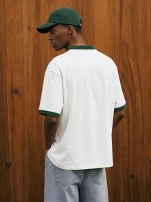 Manfinity Joysei Standard Size Men's Green Sleeve Contrast Slogan & Car Graphic Round Neck Casual T-Shirt - White - View 2