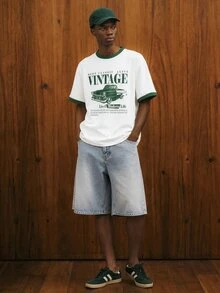 Manfinity Joysei Standard Size Men's Green Sleeve Contrast Slogan & Car Graphic Round Neck Casual T-Shirt - White - View 6