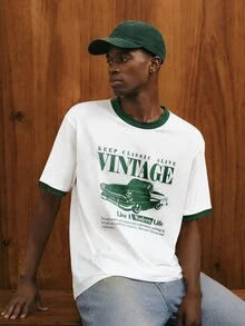 Manfinity Joysei Standard Size Men's Green Sleeve Contrast Slogan & Car Graphic Round Neck Casual T-Shirt - White - View 1