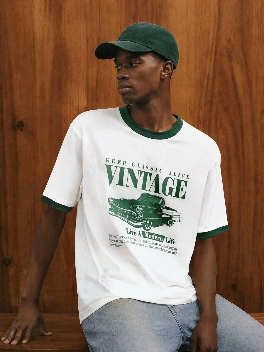 Manfinity Joysei Standard Size Men's Green Sleeve Contrast Slogan & Car Graphic Round Neck Casual T-Shirt - White - View 1