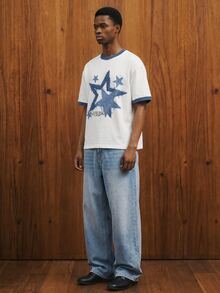 OldRiff Standard Size Men's Navy Blue & White Star Pattern T-Shirt - White - View 5