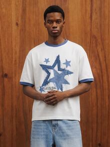 OldRiff Standard Size Men's Navy Blue & White Star Pattern T-Shirt - White - View 4