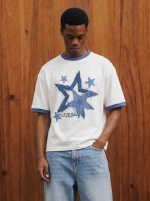 OldRiff Standard Size Men's Navy Blue & White Star Pattern T-Shirt - White - View 1
