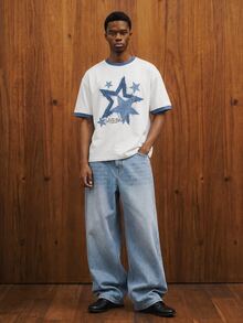 OldRiff Standard Size Men's Navy Blue & White Star Pattern T-Shirt - White - View 2