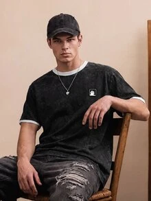 Manfinity Joysei Standard Size Men's Washed Black T-Shirt With White Sleeve Trim Design - Black - View 2