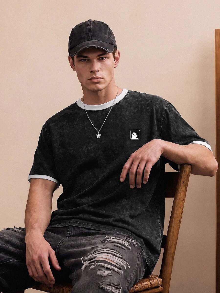 Manfinity Joysei Standard Size Men's Washed Black T-Shirt With White Sleeve Trim Design