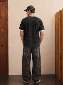 Manfinity Joysei Standard Size Men's Washed Black T-Shirt With White Sleeve Trim Design - Black - View 3