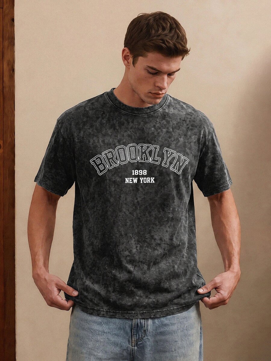 Manfinity Joysei Men's Vintage Letter Print Short Sleeve T-Shirt, Spring/Summer - Black - View 1