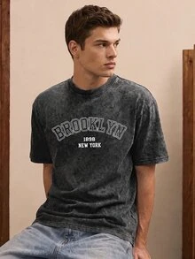 Manfinity Joysei Men's Vintage Letter Print Short Sleeve T-Shirt, Spring/Summer - Black - View 5