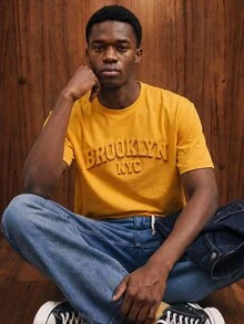 OldRiff Standard Size Yellow 3D Letter Men's Crew Neck T-Shirt ( Fabric) - Yellow - View 5