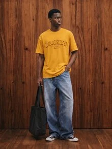 OldRiff Standard Size Yellow 3D Letter Men's Crew Neck T-Shirt ( Fabric) - Yellow - View 3