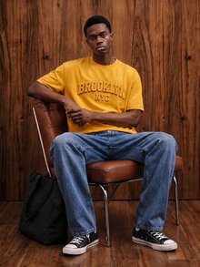 OldRiff Standard Size Yellow 3D Letter Men's Crew Neck T-Shirt ( Fabric) - Yellow - View 4