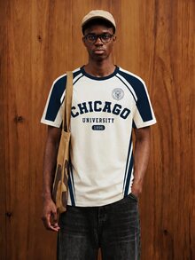 OldRiff Men's Casual College Colorblock Letter Print T-Shirt - Blue - View 4