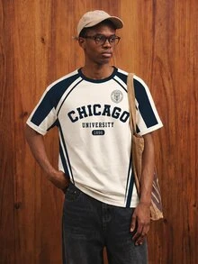 OldRiff Men's Casual College Colorblock Letter Print T-Shirt - Blue - View 1