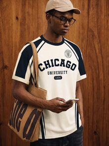 OldRiff Men's Casual College Colorblock Letter Print T-Shirt - Blue - View 5