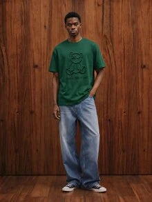 Manfinity Joysei Men's Casual Olive Green Bear & Letter Embossed Short Sleeve T-Shirt, Summer - Dark Green - View 3