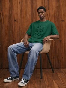 Manfinity Joysei Men's Casual Olive Green Bear & Letter Embossed Short Sleeve T-Shirt, Summer - Dark Green - View 5