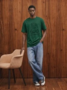 Manfinity Joysei Men's Casual Olive Green Bear & Letter Embossed Short Sleeve T-Shirt, Summer - Dark Green - View 6